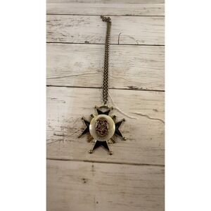 Vintage Heraldic Crest Maltese Cross Necklace Gold Tone Black Enamel Lion Lion